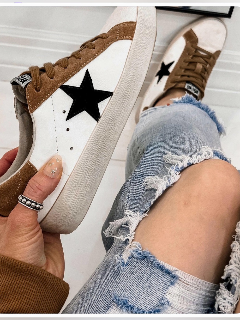 Casual White and Brown Lace-Up Sneakers with Black Star Accent